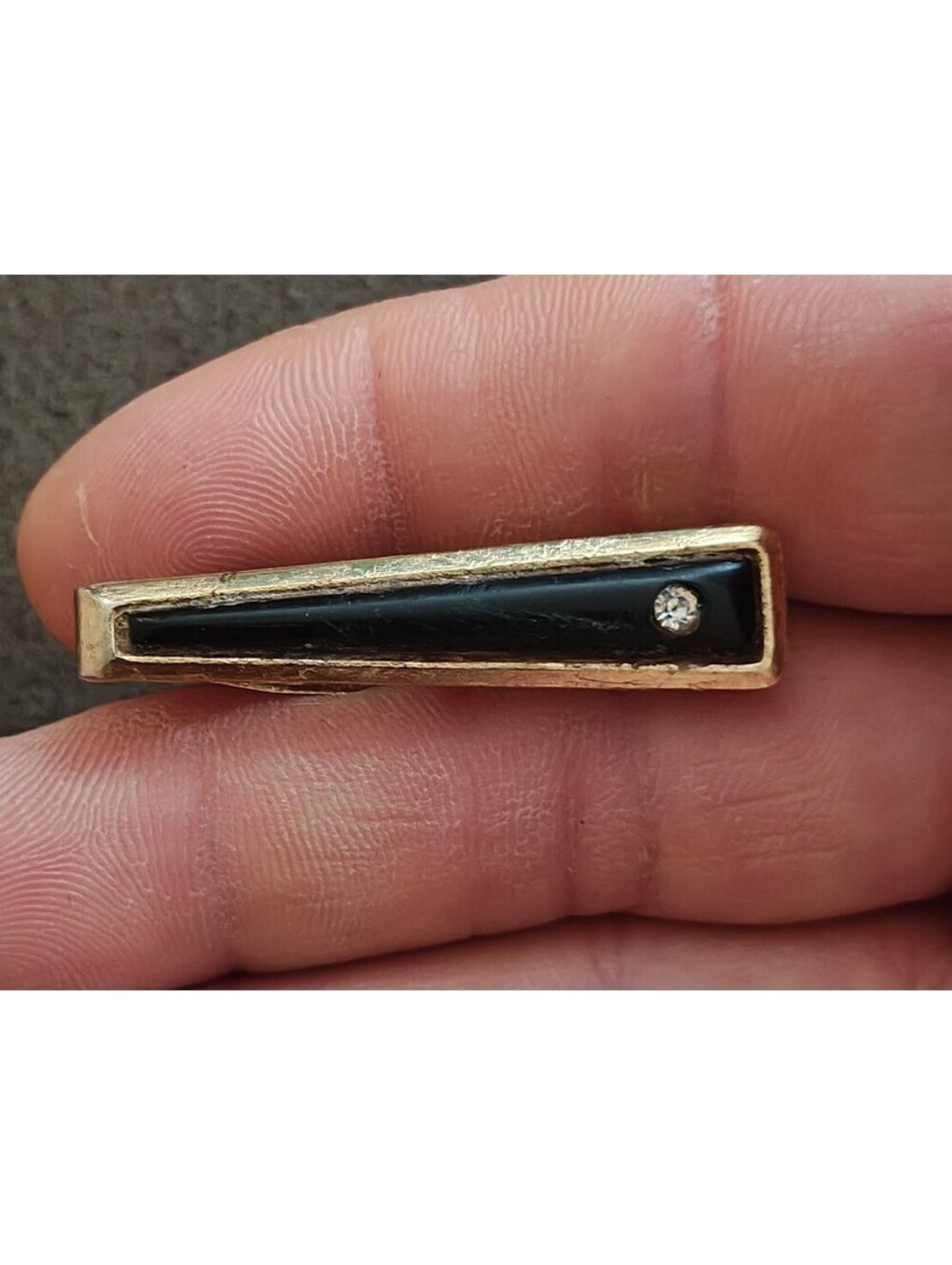 1950s/60 Gold Tone Tapered Black Inlay Tie Clip With Clear Faux Diamond Accent